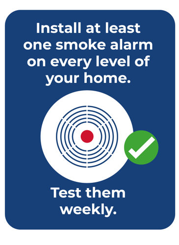 Smoke alarm graphic with the text: Install at least one smoke alarm on every level of your home. Test them weekly