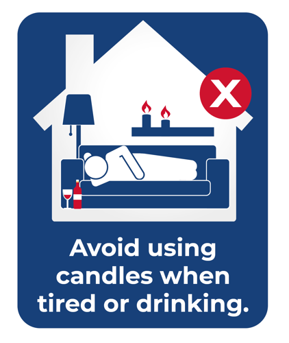 Graphic showing someone asleep on a sofa with candles still lit behind them, and alcohol on the floor. Big red cross to show this is not safe. Text reads: Avoid using candles when tired or drinking