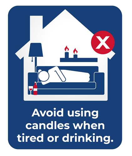 Graphic showing someone asleep on a sofa with candles still lit behind them, and alcohol on the floor. Big red cross to show this is not safe. Text reads: Avoid using candles when tired or drinking
