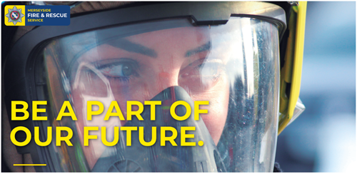 Photograph of female firefighter in breathing apparatus mask and helmet, with the text 'Be a part of our future' overlaid on top of the image.