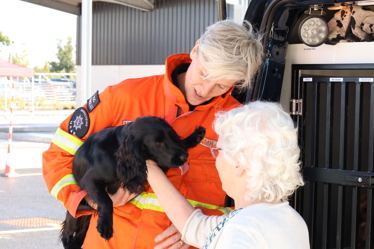 Baroness Blake of Leeds CBE meets United Kingdom International Search and Rescue (UKISAR) dog handler Niamh Darcy and rescue dog Spud.
